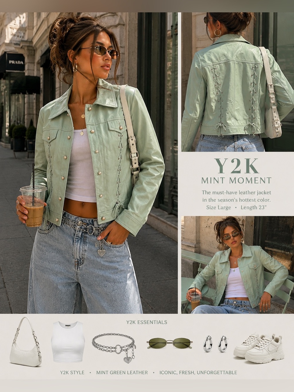 Mint Green Leather Moto Jacket - Women's Cropped Pearl Buttons.